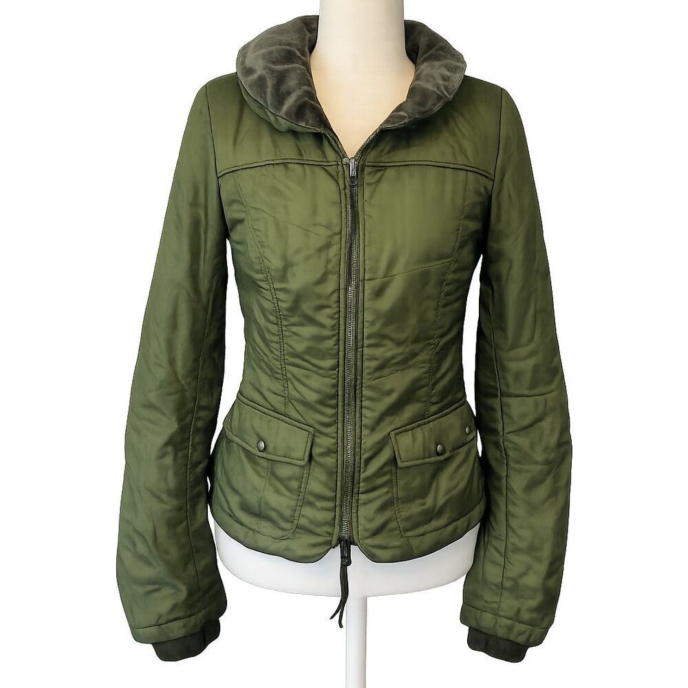 Free People Olive Green Nylon Jacket Velvet Collar Utility Puffer Size 4